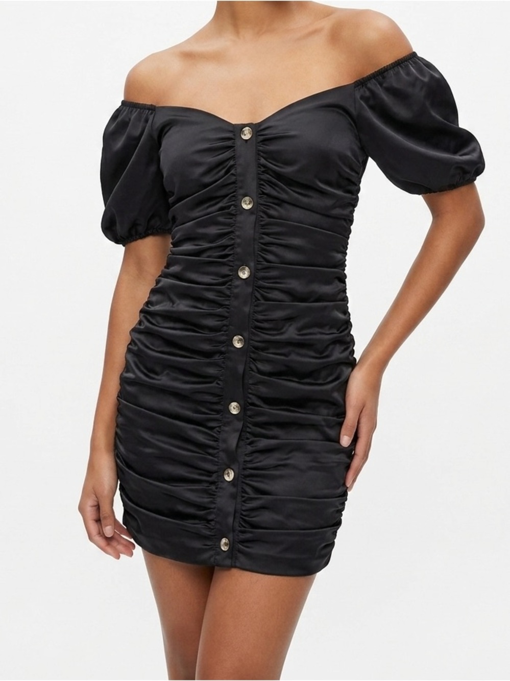Forever 21 Black Satin Ruched Puff Sleeve Button Mini Dress Size S NWT
